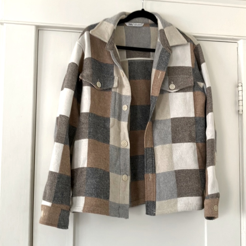 Zara Coat Size Small boyfriend Plaid Jacke Brown Beige